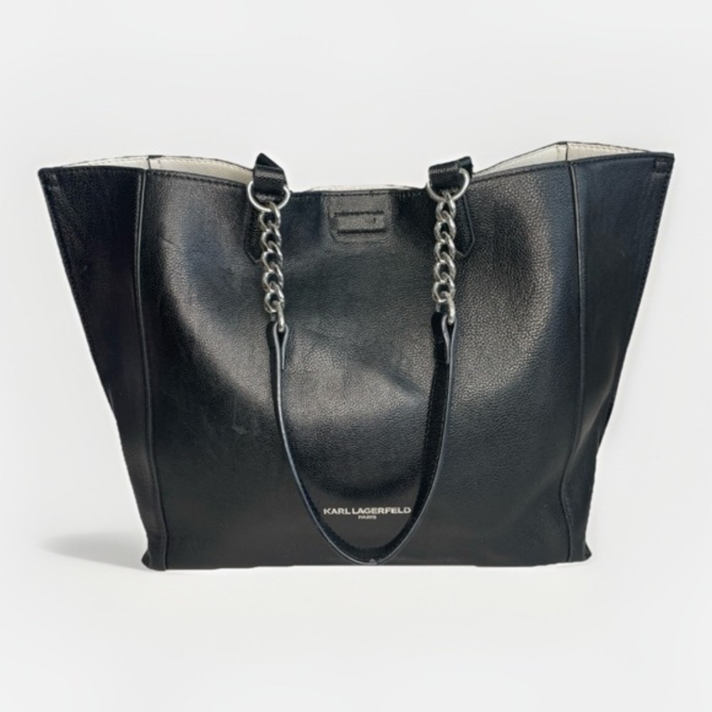 karl lagerfeld tote black faux leather silver chain